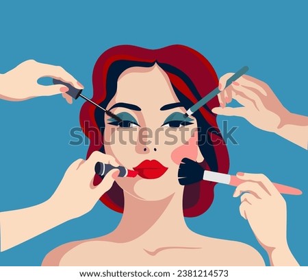 Many hands doing glamour make up for young woman. Facial improvement products to be fake and attractive woman. Cosmetology stylist occupation scene. Vector illustration