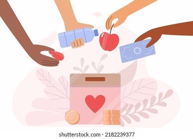 Many hands with donations. Charity and concept. Donate blood, food, water, money. Non-profit organizations and humanitarian aid visualization.