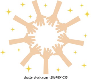 Many hands forming a circle with glittering stars around