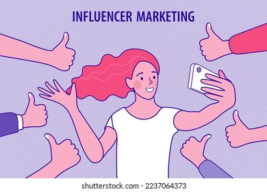 Many hands giving thumbs up to girl. Smiling young woman get likes of subscribers, feel popular in social media. Happy girl receive acknowledgment and public approval. Vector illustration. 