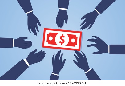Many hands grab a banknote