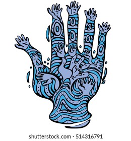 Many hands and hand with tattoo