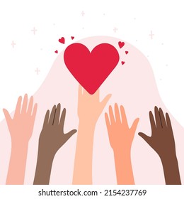 Many hands with hearts. Charity and donation concept concept. Non-profit organizations and humanitarian aid visualization.