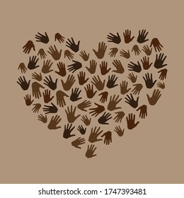 Many hands in hearts shape on brown background. Black lives matter. New movement on the rise, interracial community unity. Protests against racism in America. Modern vector in flat style