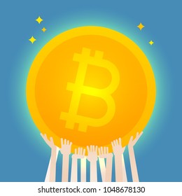 Viele Hände halten eine riesige Bitcoin. Concept Illustration. Flaches Vektordesign,