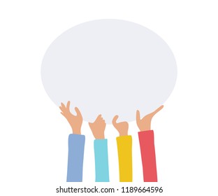 Many hands holding banner, common message, communication, public opinion, vector illustration