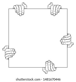 Many hands is holding a blank sheet of paper icon. Vector illustration of a mans hands holding blank paper. Hand drawn blank paper in hands.	