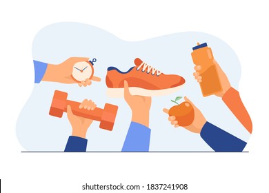 Many hands holding boot, apple, bottle with water, dumbbell flat vector illustration. Workout and training accessories for sport exercise. Wellness and healthy lifestyle concept