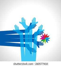 many hands holding colorful abstract round 