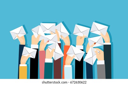 Many hands holding envelopes messages. Email concept. Flat design illustration.