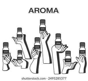 Many hands holding essential oils