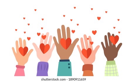 Many hands are holding hearts. A close-knit community, a symbol of love, support, protection. Different nationalities together for teamwork, unity or diversity. Vector flat illustration