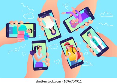 Many Hands Holding Mobile Phone. Mobile Community Concept. Social Network Illustration.