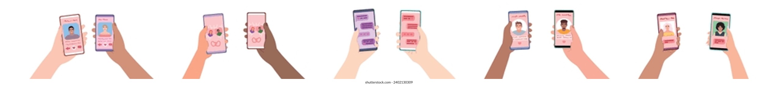 Many hands holding mobile phones with open pages of online datin