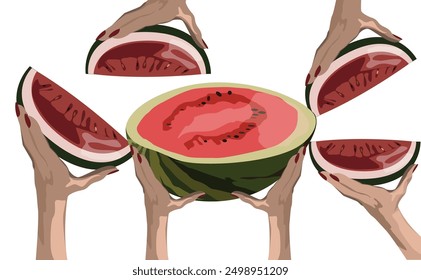 Many hands holding pieces of cut watermelon on white background