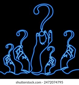 Many hands are holding question marks icon neon glow vector illustration concept