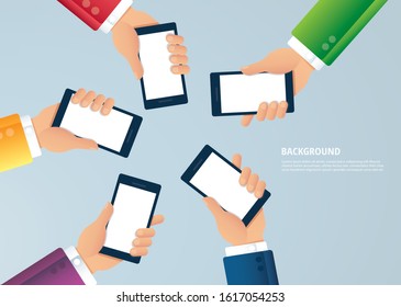 muitas mãos segurando o vetor do smartphone ilustração EPS10