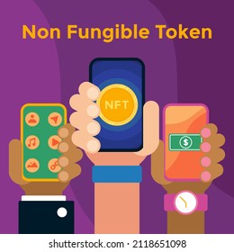Many Hands Holding Smartphones and Doing Some Digital Transactions. NFT graphic asset. Flat vector illustration isolated on purple background.