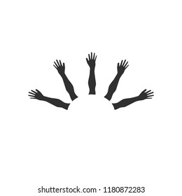 Many hands up isolated on white background