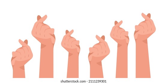 Many hands up make mini heart sign on white background, vector illustration