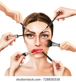 Many hands with model face cosmetics composition with female model character putting on make-up vector illustration