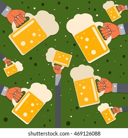 many hands with a mug of beer