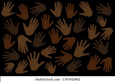 Many Hands On Dark Background, Stop Racism. Black Lives Matter. Interracial Community Unity. Protests Against Racism In America. Modern Vector In Flat Style. New Movement On The Rise
