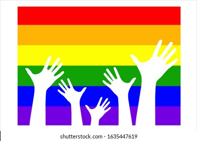 Many hands on a multi-colored LGBT flag. Gay parade vector.