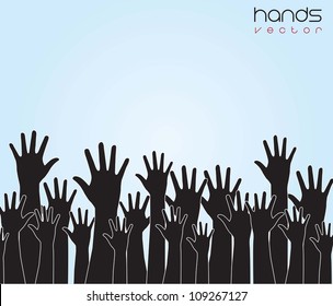 Many hands up over blue background