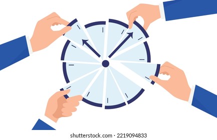 Many Hands Picking Clock Pieces,Free Time Image,Vector Illustration