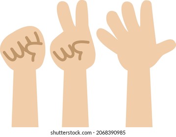 Many hands playing rock-paper-scissors with bare hands