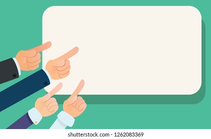 Many hands pointing to the banner. Important information. Pointing finger. Attract attention. Business vector illustration.