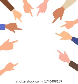 Many Hands Pointing With The Index Finger To The Center Of The Page. Vector Illustration, Flat Cartoon Design, Eps 10. Concept: Point To Something, Blame Someone.