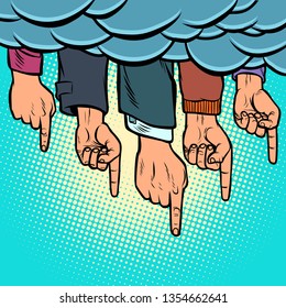 many hands pointing out from the clouds. Comic cartoon pop art illustration vintage vector drawing