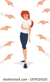 Many hands pointing the sad redhead upset woman looking down flat vector illustration on white background