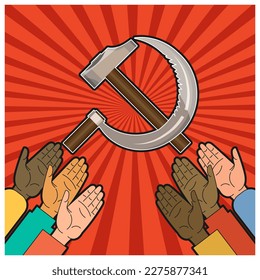 Many hands pointing towards the crossed hammer and sickle. Background - divergent sun rays. Poster, emblem. Vector illustration