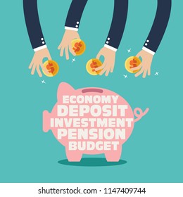 Many hands putting coin into a piggy bank. Saving and investing money concept