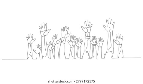 Many hands raised in the air representing unity and community participation with community participation expression together teamwork engagement volunteer activism gathering continuous