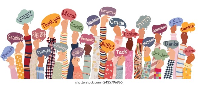 Many hands raised of diverse and multicultural children and teens holding speech bubbles with text Thank you in various international languages. Diversity kids. Gratitude. Solidarity