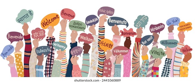 Many hands raised of diverse and multicultural children and teens holding speech bubbles with text Welcome in various international languages. Diversity kids. Communication