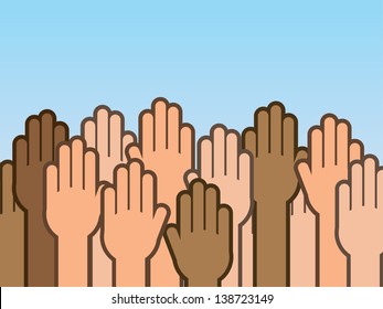 Many hands raised up into the air 
