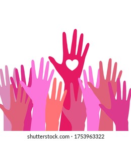 There’re many hands raised up isolated on white background. They’re multi shades of pink color. The highest one is holding a white heart.