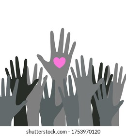 There’re many hands raised up isolated on white background. They’re multi shades of grey color. The highest one is holding a pink heart.