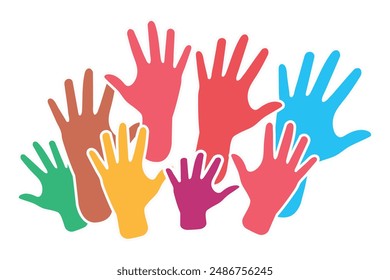 Many hands raised up, multi-colored hands on a white background. People's hands are raised in the air.