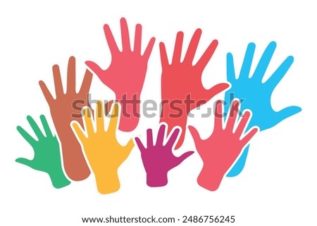 Many hands raised up, multi-colored hands on a white background. People's hands are raised in the air.