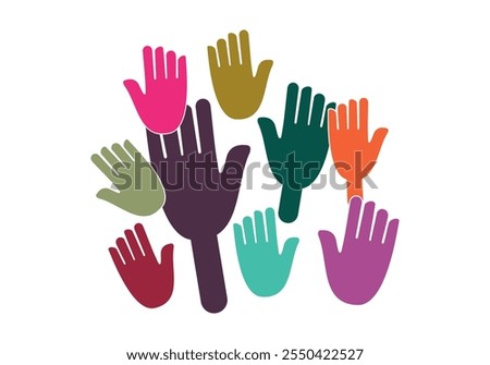 Many hands raised up, multi-colored hands on a white background. People's hands are raised in the air.