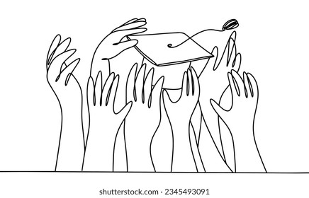 Many hands reach for the academic cap. A symbol of the accessibility of education for all. Education Freedom Day. One line drawing for different uses. Vector illustration.