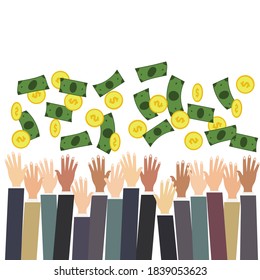 Many hands reach for money that falls from above. Coins and bills in bulk are flying down. People catch money with their hands. Vector illustration, flat cartoon color design, isolated.