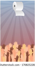 Many hands reach for the one roll of toilet paper. Shortage of toilet paper during quarantine. Vector illustration. 