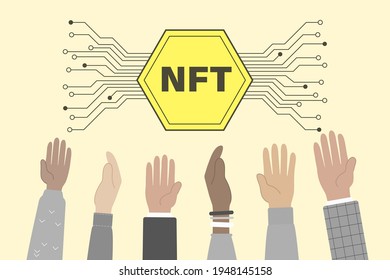 Muchas manos alcanzando la ficha NFT.  